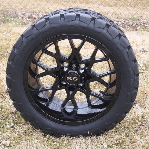 14 Inch Glossy Black Cascade Golf Cart Wheels & Tires Set of 4, 22x10-14 Golf Cart Tires and Wheels Compatible with EZGO, Club Car, YMH, 5 or 6" Lift Kit Required in Saudi Arabia