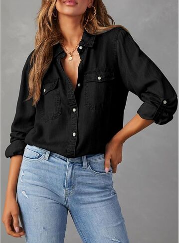 Denim Shirt Women Western Shirts Button Down Chambray Shirt Casual Long Sleeve Jean Jacket Denim Top Blouse for Women in Saudi Arabia