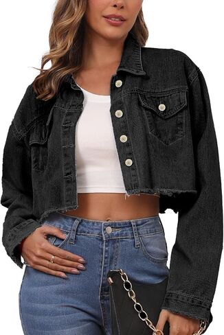 Jean Jacket for Women Cropped Denim Jackets Button Down Long Sleeve Fitted Crop Top Frayed Hem Jean Coat in Saudi Arabia