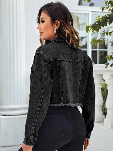 Jean Jacket for Women Cropped Denim Jackets Button Down Long Sleeve Fitted Crop Top Frayed Hem Jean Coat in Saudi Arabia