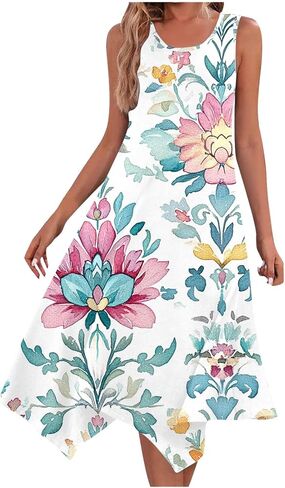 Boho Dresses for Women 2025 Causal Fashion Floral Print Bohemian Dress Sleeveless Scoop Neck Ruffle Tank Sundress in Saudi Arabia
