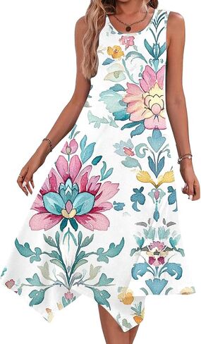 Boho Dresses for Women 2025 Causal Fashion Floral Print Bohemian Dress Sleeveless Scoop Neck Ruffle Tank Sundress in Saudi Arabia