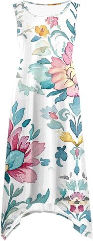 Boho Dresses for Women 2025 Causal Fashion Floral Print Bohemian Dress Sleeveless Scoop Neck Ruffle Tank Sundress in Saudi Arabia