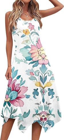 Boho Dresses for Women 2025 Causal Fashion Floral Print Bohemian Dress Sleeveless Scoop Neck Ruffle Tank Sundress in Saudi Arabia