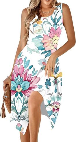 Boho Dresses for Women 2025 Causal Fashion Floral Print Bohemian Dress Sleeveless Scoop Neck Ruffle Tank Sundress in Saudi Arabia