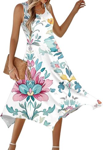 Boho Dresses for Women 2025 Causal Fashion Floral Print Bohemian Dress Sleeveless Scoop Neck Ruffle Tank Sundress in Saudi Arabia