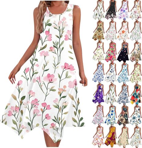 Boho Dresses for Women 2025 Causal Fashion Floral Print Bohemian Dress Sleeveless Scoop Neck Ruffle Tank Sundress in Saudi Arabia