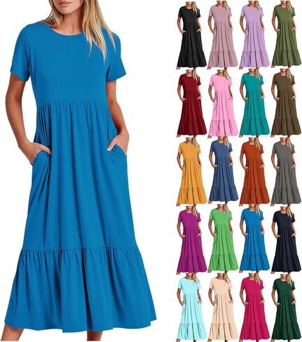Maxi Dresses for Women 2025 Plus Size Short Sleeve Tiered Ruffle Dress Summer Causal Crewneck Tshirt Dress Pockets in Saudi Arabia