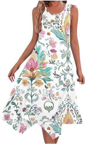 Boho Dresses for Women 2025 Causal Fashion Floral Print Bohemian Dress Sleeveless Scoop Neck Ruffle Tank Sundress in Saudi Arabia
