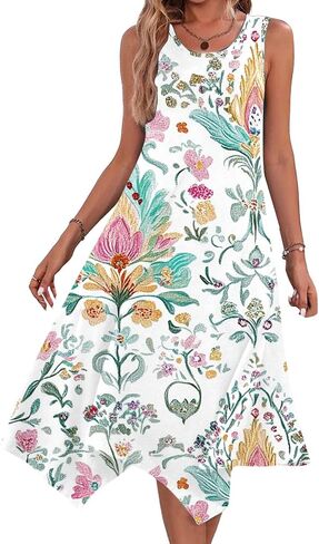 Boho Dresses for Women 2025 Causal Fashion Floral Print Bohemian Dress Sleeveless Scoop Neck Ruffle Tank Sundress in Saudi Arabia