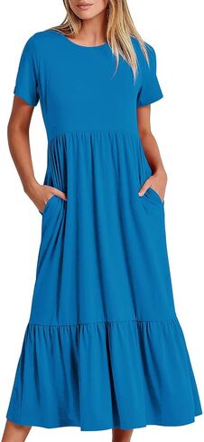 Maxi Dresses for Women 2025 Plus Size Short Sleeve Tiered Ruffle Dress Summer Causal Crewneck Tshirt Dress Pockets in Saudi Arabia