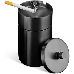 Car Ashtray with Lid, Stainless Steel Smokeless Ash Tray Windproof Extinguished Butt Bucket, Portable Detachable Cigarette Ashtray for Car Cup Holder Home Office Travel (Black) in Kuwait