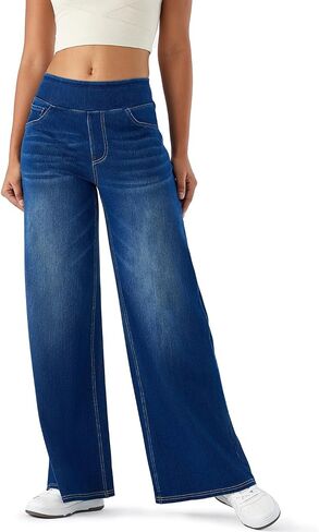 jeggings الساق العريضة للسيدات - سحب على السراويل على طراز الجينز ، الدنيم الناعم مع جيوب in Kuwait