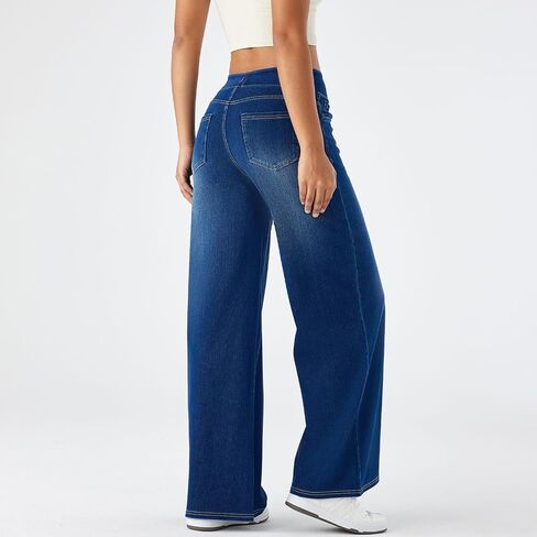 jeggings الساق العريضة للسيدات - سحب على السراويل على طراز الجينز ، الدنيم الناعم مع جيوب in Kuwait