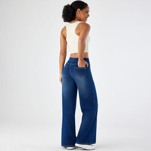 jeggings الساق العريضة للسيدات - سحب على السراويل على طراز الجينز ، الدنيم الناعم مع جيوب in Kuwait