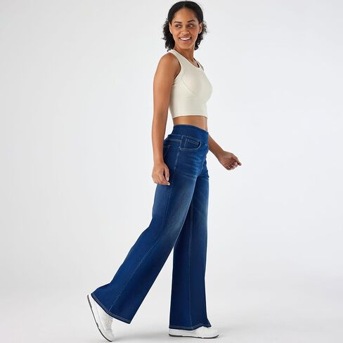 jeggings الساق العريضة للسيدات - سحب على السراويل على طراز الجينز ، الدنيم الناعم مع جيوب in Kuwait