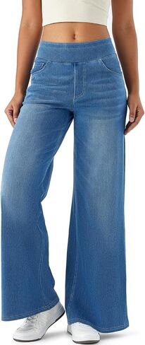 jeggings الساق العريضة للسيدات - سحب على السراويل على طراز الجينز ، الدنيم الناعم مع جيوب in Kuwait