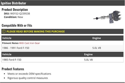 Ignition Distributor with Cap - Compatible with 1985-1991 Ford F-150 5.0L V8 (with Cast Iron Gear) in Saudi Arabia