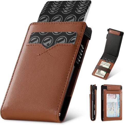 Genuine Leather Wallet for Men RFID Blocking Pop Up Card Holder with Money Band and ID Window (Brown) in Saudi Arabia