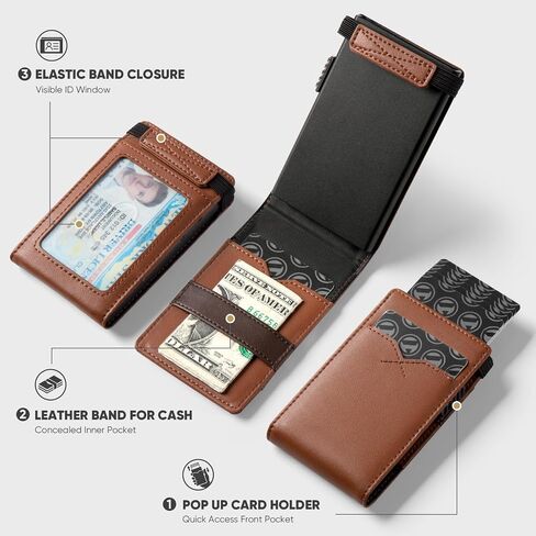 Genuine Leather Wallet for Men RFID Blocking Pop Up Card Holder with Money Band and ID Window (Brown) in Saudi Arabia