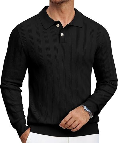 Mens Knit Polo Shirt Regualr Fit Lightweight Soft Casual Long Sleeve Striped Golf Polo Shirts in Saudi Arabia
