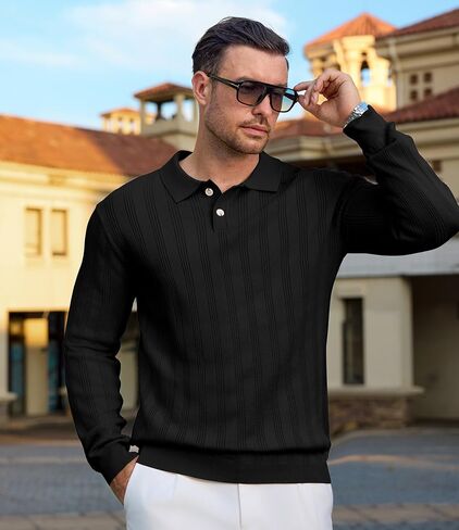 Mens Knit Polo Shirt Regualr Fit Lightweight Soft Casual Long Sleeve Striped Golf Polo Shirts in Saudi Arabia