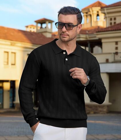 Mens Knit Polo Shirt Regualr Fit Lightweight Soft Casual Long Sleeve Striped Golf Polo Shirts in Saudi Arabia