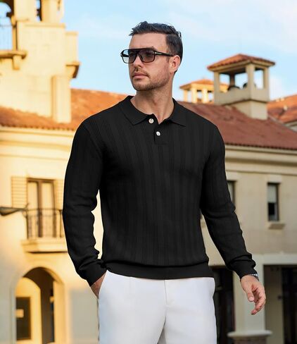 Mens Knit Polo Shirt Regualr Fit Lightweight Soft Casual Long Sleeve Striped Golf Polo Shirts in Saudi Arabia