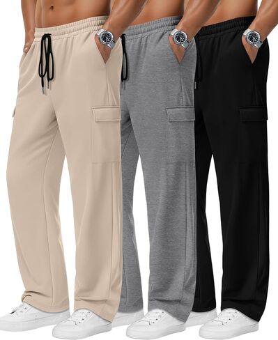 Neer 3 Pack Men's Baggy Cargo Sweatpants Wide Leg Straight Drawstring Open Bottom Joggers S-3XL Lounge Pants with Pockets in Saudi Arabia