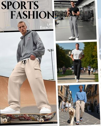 Neer 3 Pack Men's Baggy Cargo Sweatpants Wide Leg Straight Drawstring Open Bottom Joggers S-3XL Lounge Pants with Pockets in Saudi Arabia