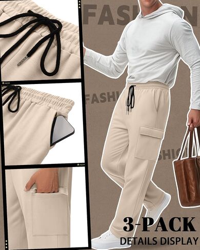 Neer 3 Pack Men's Baggy Cargo Sweatpants Wide Leg Straight Drawstring Open Bottom Joggers S-3XL Lounge Pants with Pockets in Saudi Arabia