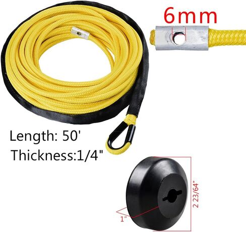 50 feet x 1/4 inch Yellow 7000lbs Synthetic Winch Line Cable Rope with Black Rock Heat Guard and Rubber Stopper for Truck ATV UTV SUV in Saudi Arabia