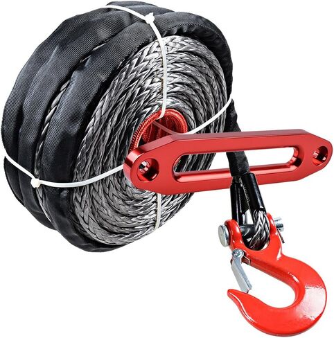 95 feet x 3/8 inch Black Synthetic Winch Rope with Red Hook and 10 inch Anodized Red Hawse Fairlead for Recovery Truck ATV UTV in Kuwait