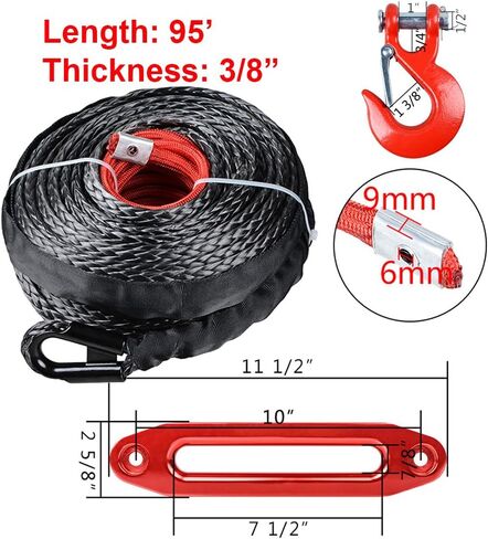 95 feet x 3/8 inch Black Synthetic Winch Rope with Red Hook and 10 inch Anodized Red Hawse Fairlead for Recovery Truck ATV UTV in Kuwait