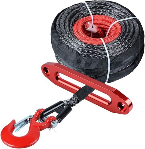95 feet x 3/8 inch Black Synthetic Winch Rope with Red Hook and 10 inch Anodized Red Hawse Fairlead for Recovery Truck ATV UTV in Kuwait
