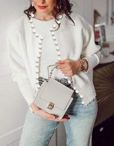 Kedera Womens Casual Cardigan Sweater Elegant Long Sleeve Oversized Pullover Knit Sweater with Pearls in Kuwait