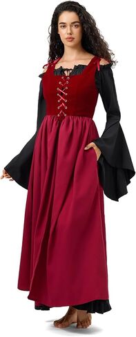 Gothic Renaissance Corset Overdress - Adjustable Medieval Peasant Dress with Pockets for LARP Halloween in Kuwait