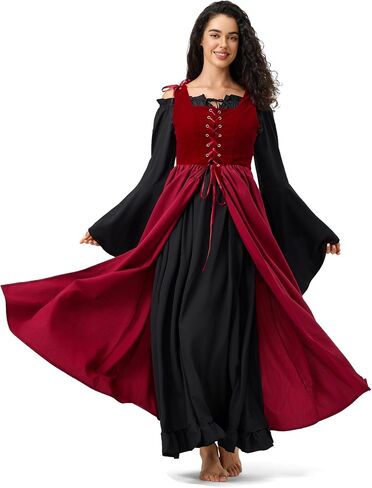 Gothic Renaissance Corset Overdress - Adjustable Medieval Peasant Dress with Pockets for LARP Halloween in Kuwait