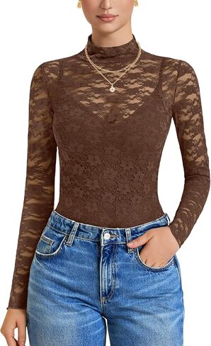 Avidlove Womens Long Sleeve Bodysuit Mock Neck Lace Tops Mesh Bodysuit High Neck Mesh Top Night Out Outfit for Women in Saudi Arabia