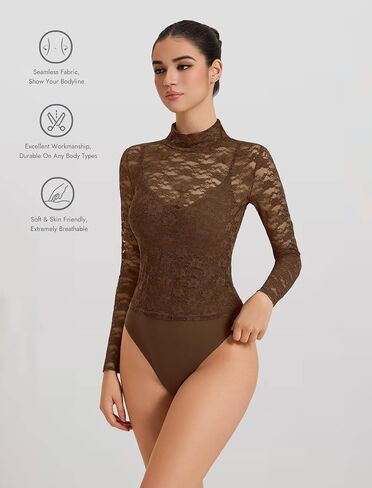 Avidlove Womens Long Sleeve Bodysuit Mock Neck Lace Tops Mesh Bodysuit High Neck Mesh Top Night Out Outfit for Women in Saudi Arabia