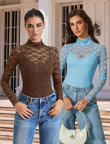 Avidlove Womens Long Sleeve Bodysuit Mock Neck Lace Tops Mesh Bodysuit High Neck Mesh Top Night Out Outfit for Women in Saudi Arabia