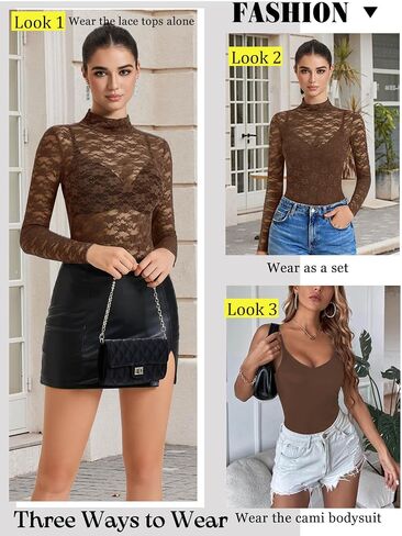 Avidlove Womens Long Sleeve Bodysuit Mock Neck Lace Tops Mesh Bodysuit High Neck Mesh Top Night Out Outfit for Women in Saudi Arabia