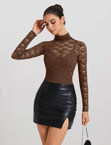 Avidlove Womens Long Sleeve Bodysuit Mock Neck Lace Tops Mesh Bodysuit High Neck Mesh Top Night Out Outfit for Women in Saudi Arabia