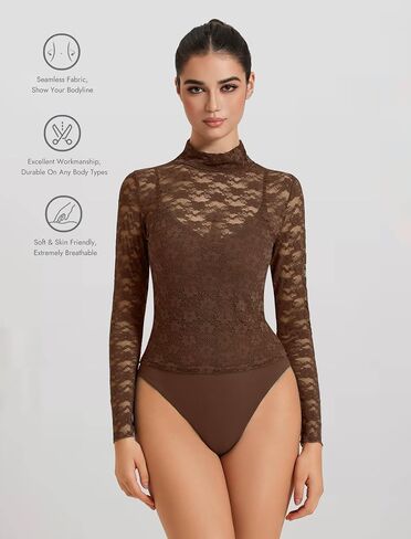 Avidlove Womens Long Sleeve Bodysuit Mock Neck Lace Tops Mesh Bodysuit High Neck Mesh Top Night Out Outfit for Women in Saudi Arabia