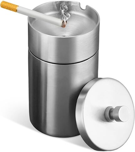 Car Ashtray with Lid, Stainless Steel Smokeless Ash Tray Windproof Extinguished Butt Bucket, Portable Detachable Cigarette Ashtray for Car Cup Holder Home Office Travel (Black) in Kuwait