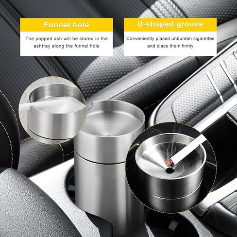 Car Ashtray with Lid, Stainless Steel Smokeless Ash Tray Windproof Extinguished Butt Bucket, Portable Detachable Cigarette Ashtray for Car Cup Holder Home Office Travel (Black) in Kuwait