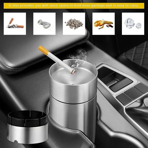 Car Ashtray with Lid, Stainless Steel Smokeless Ash Tray Windproof Extinguished Butt Bucket, Portable Detachable Cigarette Ashtray for Car Cup Holder Home Office Travel (Black) in Kuwait