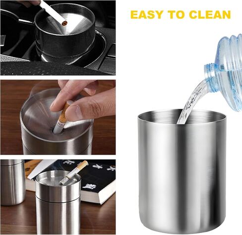 Car Ashtray with Lid, Stainless Steel Smokeless Ash Tray Windproof Extinguished Butt Bucket, Portable Detachable Cigarette Ashtray for Car Cup Holder Home Office Travel (Black) in Kuwait