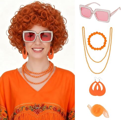 النساء القصيرة البرتقالية مجعد البارلي Cosplay Cosplay مع إكسسوارات برتقالية 7pcs مجموعة (نظارات ، وشاح ، قلادة طويلة ، سوار ، أقراط ، شعر) in Kuwait