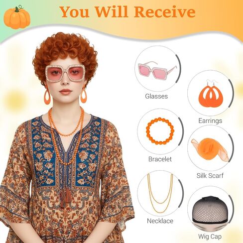 النساء القصيرة البرتقالية مجعد البارلي Cosplay Cosplay مع إكسسوارات برتقالية 7pcs مجموعة (نظارات ، وشاح ، قلادة طويلة ، سوار ، أقراط ، شعر) in Kuwait